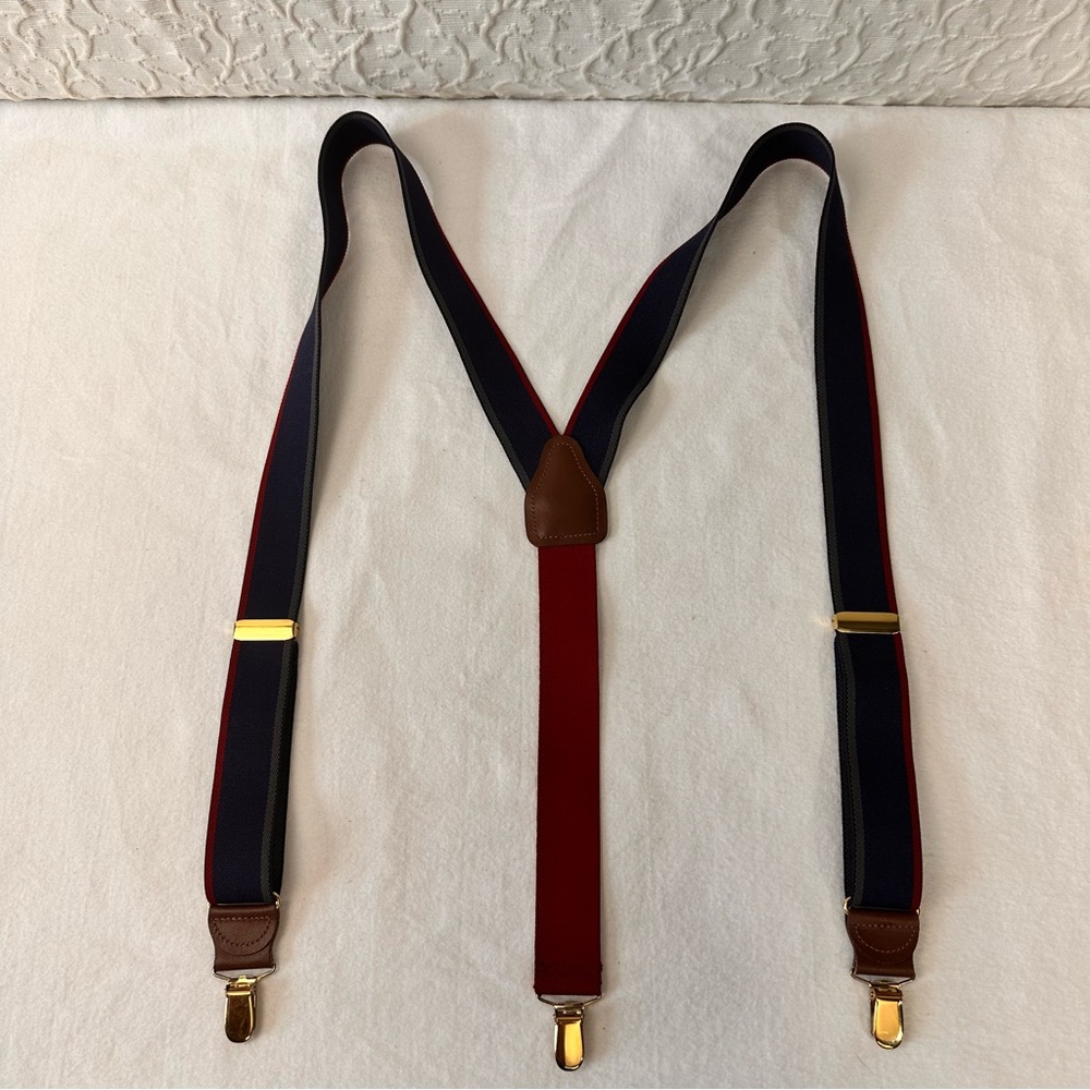 Pelican USA Mens Suspenders Leather Hook Navy Pants Holder Elastic Stripes Comfy
